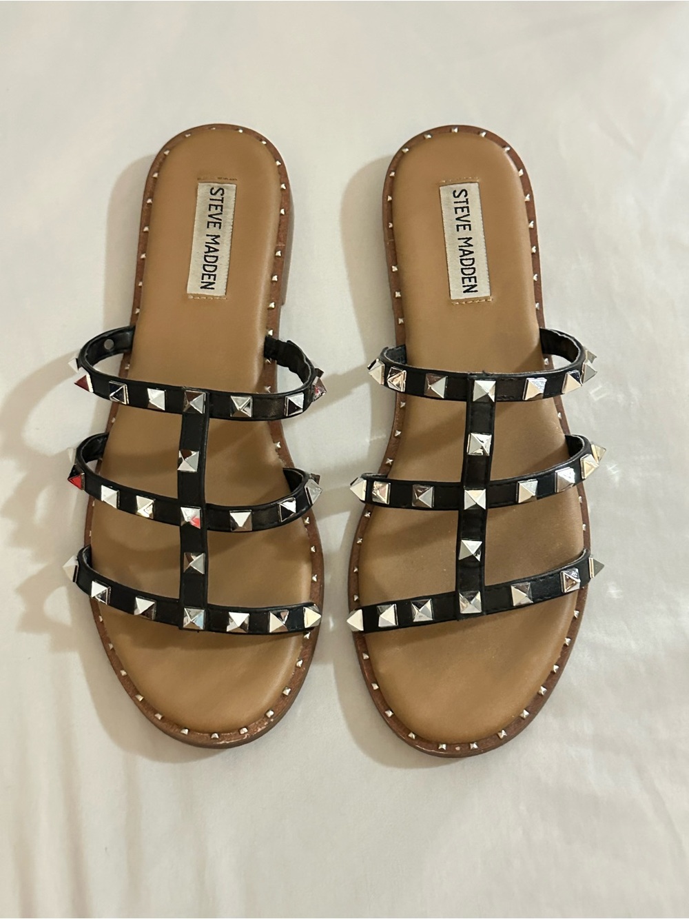 Steve Madden Black Pyramid-Stud Triple-Strap Slide Sandals